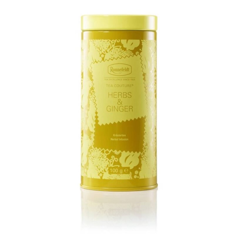 Ronnefeldt World Of Tea - Tea Couture® Herbs & Ginger product image: Discover the invigorating blend of Tea Couture® Herbs & Ginger, a delightful infusion of aromatic herbs and zesty ginger. Experience the soothing and warming qualities of this herbal tea, perfect for moments of relaxation and comfort.