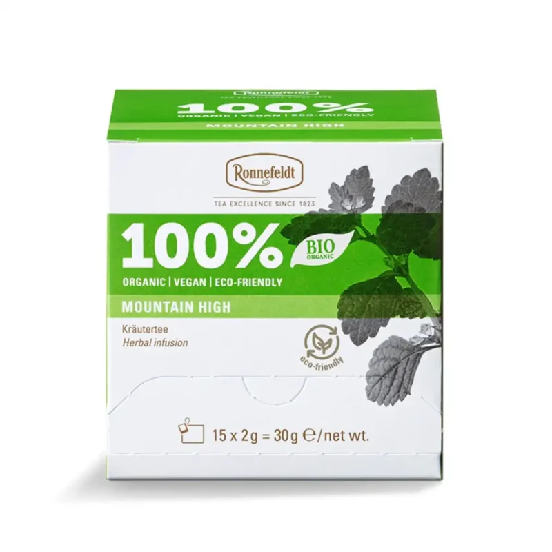 100% Mountain High by Ronnefeldt: BIO organic, decaffeinated herbal tea with lemon balm, peppermint, dandelion, sage leaves, thyme, coriander, and more.